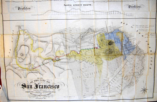 Map of the City of San Francisco : with its additions, showing two of the routes for the introduction of water by the Mountain Lake Water Company / as surveyed by Henry S. Dexter, C.E