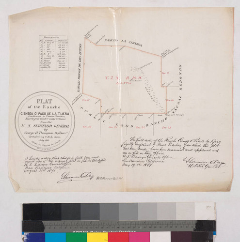 Plat of the Rancho Cienega o Paso de la Tijera confirmed to Tomas Sanchez