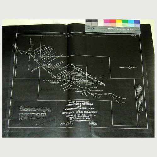 Map showing extensive mine workings and camp buildings : Adams Camp on Midget No. 1 Placer ; Palomas Mining District Los Angeles County Calif