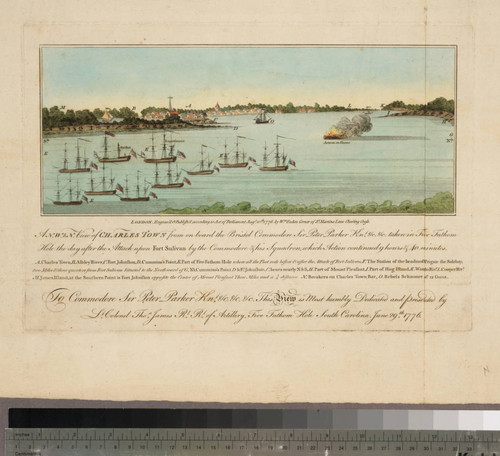 A N.W. by N. View of Charles Town from on board the Bristol, Commodore Sir Peter Parker Knt. &c.&c. taken in Five Fathom Hole the day after the Attack upon Fort Sulivan by the Commodore & his Squadron, which Action continued 9 hours & 40 minutes