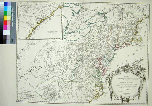 Partie de l'Amerique Septentrionale, qui comprend le Cours de l'Ohio, la Nlle. Angleterre, la Nlle. York, le New Jersey, la Pennsylvaine, le Maryland la Virginia, la Corline. Par le Robert de Vaugondy Géographe ordinaire du Roi. Avec Privilége 1755