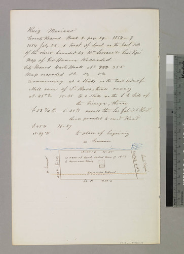 Los Angeles County: sketch map and legal description of 10 acres of land ceded May 17, 1853, to Mariano Ruiz