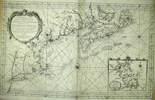 Carte Reduite des Costes Orientales de l'Amerique Septentrionale 1re Feuille contenant l'Isle Royale, l'Accadie, la Baye Francoise, la Nouvelle Angleterre et la Nouvelle Yorc. Dressée au Depot des Cartes et Plans de la Marine Pour le Service des Vaisseaux du Roy. Par Order de M. deMachault Garde des Sceaux de France Ministre et Secretaire d'Etat ayant le Departement de la Marine. MDCCLVII (1757) Par M. Bellin Ingr. de la Marine et du Depost des Plans, de l'Academie de Marine et de la Societe Royale de Londres