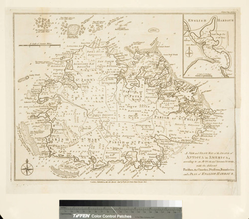 New and Exact Map of the Island of Antigua in America, according to an Actual and Accurate Survey, with the different Parishes, the Churches, Divisions, Boundaries; and a Plan of English Harbor