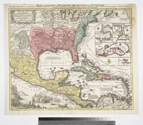 Mappa geographica regionem Mexicanam et Floridam : terrasque adjactentes, ut et anteriores Americae insulas, cursus itidem et reditus navigantium versus flumen Missisipi et alias colonias ob oculos ponens, cura et sumptibus / Tobiae Conradi Lotteri, Geographi et Chalcographi