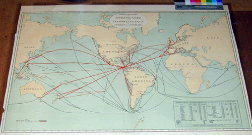 Chart of the world showing distances saved by the Interoceanic Canal of Nicaragua and Costa Rica