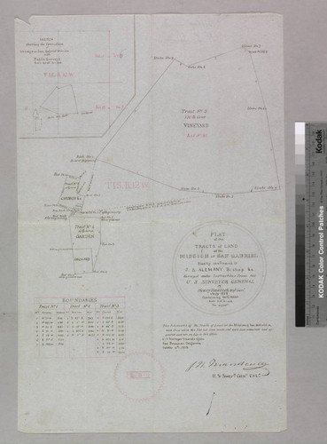 Plat of the Tracts of Land at the Mission of San Gabriel finally confirmed to J.S. Alemany, Bishop