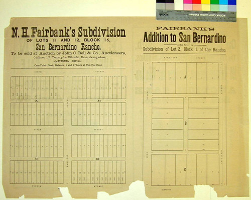 N.H. Fairbank's Subdivision of lots 11 and 12, block 16, San Bernardino Rancho, to be sold at auction by John C. Bell & Co., Auctioneers April 30th Fairbank's addition to San Bernardino being a subdivision of lot 2, Block 1, of the Rancho