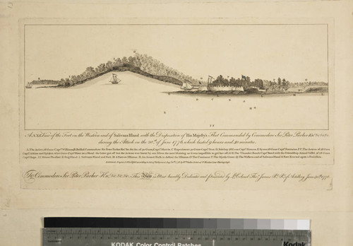 A N. E. View of the Fort on the Western end of Sullivans Island with the Disposition of His Majesty's Fleet commanded by Commodore Sir Peter Parker Knt. &c. &c. &c. during the Attack on the 28th of June 1776 which lasted 9 hours and 40 minutes
