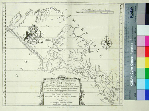 A survey of the northern neck of Virginia ; the courses of the rivers Rappahannock and Potowmack, in Virginia, as surveyed according to order in the years 1736 & 1737