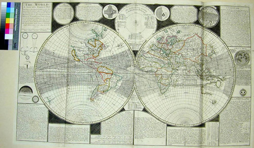The World A New Correct Map laid down and described according to the latest discoveries. to which is added an Explanation of all those Lines (as the Equator, Ecliptic, Tropicks, Meridians &c.) used in describing this and all other Maps of the World and Terrestrial Globes; Shewing their use and intent, so clearly as to be understood by the meanest capacity; and may likewise serve for a short introduction to Geography. N. B. the numbers at the head of each paragraph direct what order they are to be read in.l
