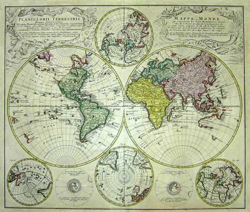 Planiglobii terrestris : mappa universalis utrumque hemisphaerium orient et occidentale repraesentans ; ex IV mappis generalibus Hasianis composita et adjectis ceteris hemisphaeriis designata / a G.M. Lowizio