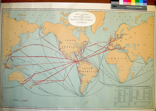 Chart of the world showing distances saved by the maritime canal of Nicaragua