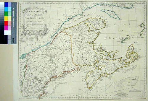 New Map of Nova Scotia, and Cape Breton Island with the adjacent parts of New England and Canada, Composed from a great number of actual Surveys; and other material Regulated by many new Astronomical Observations of the Longitude as well as Latitude; by Thomas Jefferys, Geographer to the King