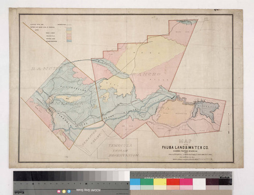 Map of the Pauba Land & Water Co. showing proposed reservoir and valley & hill land suitable for irrigation