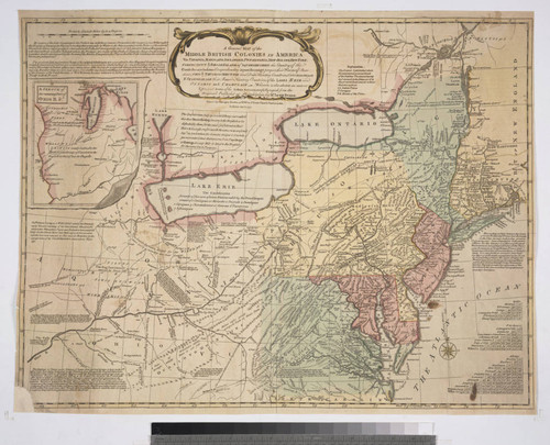 A general map of the middle British Colonies, in America : viz. Virginia, Maryland, Delaware, Pensilvania, New-Jersey, New York, Connecticut & Rhode Island ; of Aquanishuonigy, the country of the Confederate Indians comprehending Aquanishuonigy proper, their places of residence, Ohio & Thuchsochruntie their deer-hunting countries, Couchsachrage and Skaniadarade, their beaver-hunting countries ; of the Lakes Erie, Ontario and Champlain ; wherein is also shewn the antient & present seats of the Indian Nations ; carefully copied from the original publish'd at Philadelphia / by Mr. Lewis Evans