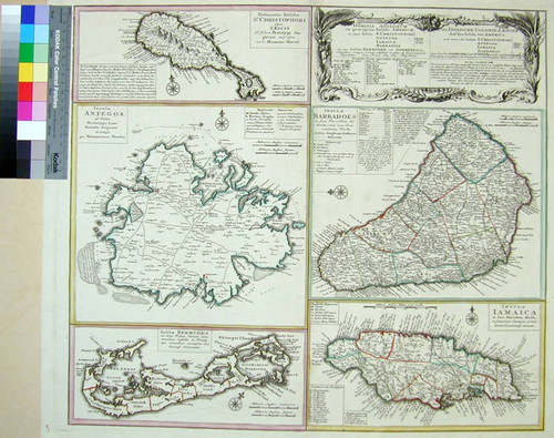 Dominia Anglorum in preacipuis insulis Americae : ut sunt Insula St. Christophi Antegoa Jamaica Barbados ; nec non Insulae Bermudes vel Sommers dictae, singulari mappa omnia exhibita et edita / Homannianis Heredibus ; cum Privil. Sac. Caes. Majestatis