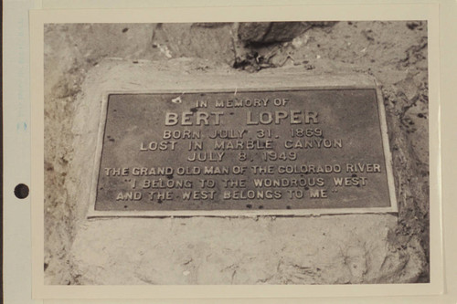 Plaque at Bert Loper's boat in Marble Canyon, Mile 41