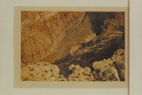 Dark Canyon Rapid. Preliminary gauge: 30,000 cfs. Tri Color Print. Note the red flood out of Dark Canyon