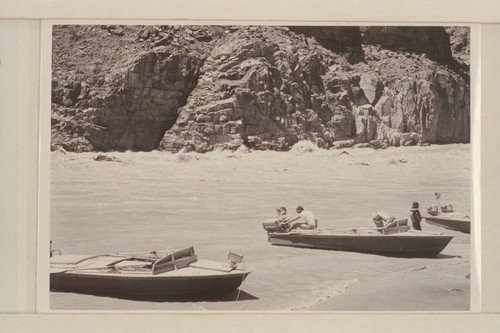 The three boats moored at the foot of Mile 217 Rapid. The "Bootoo," "Cactus," and "Rattlesnake."