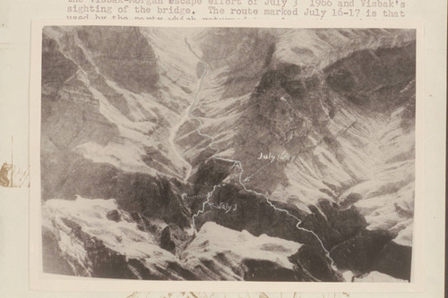 Bridge Canyon photo with routes marked showing the Visbak-Morgan escape effort of July 3, 1966 and Visbak's sighting of the bridge. The route marked July 16-17 is that used by the party which returned to salvage the wrecked boat