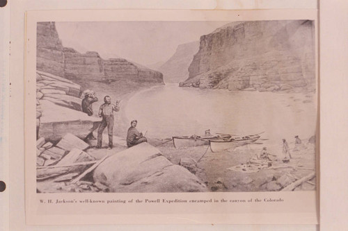 W. H. Jackson's well-known painting of the Powell Expedition encamped in the canyon of the Colorado. The chair would indicate it was the 1871-1872 party. The terrain is imaginary