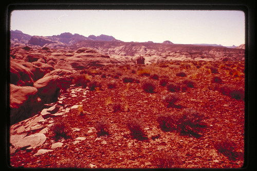 6069 on skyline from top of flat mesa north of trail, north of Cha Butte