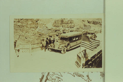 Bus on Marble Canyon Bridge at time of dedication. Print from Freeman collection