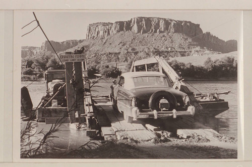 F. E. Masland's Lincoln running onto the Chaffin Ferry; Hite, Glen Canyon, Utah