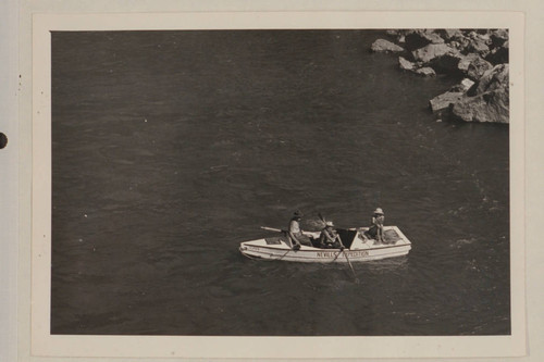 Howard Welty, Dock Marston and Margaret Marston on the sadiron "Joan"; Salmon River