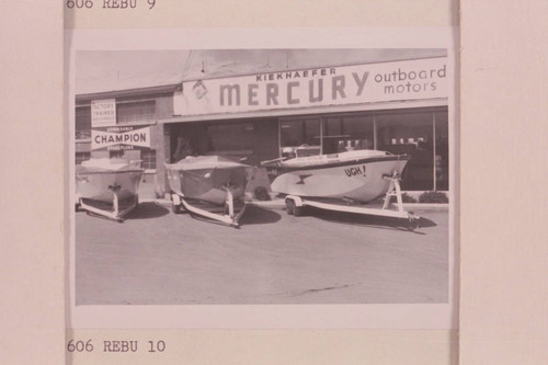 The 26-ft. outboard craft built by Anchor Boat in Salt Lake City which attempted a run up the Grand Canyon in 1960, June. They were unable to top Vulcan Rapid. "Rapid Eater." "Ben Hurt." "Ugh!"