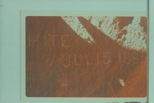 Inscription [1885] at indent at lower end of Goodhope Batr, mile 143.95 RB reading "HITE Jan 15 1885."