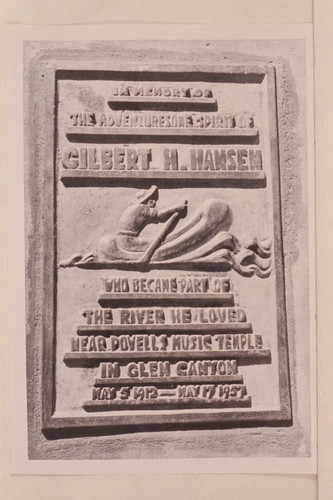 Plaque "Gilbert Hansen" under bridge at Marble Canyon