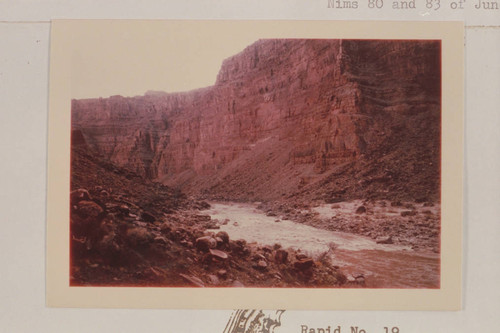 Down from Mile 202.9. Rapid No. 21 and the fan from Teapot Canyon at right. Compare with Beckwith #36 of 6 17 62 and Nims 80 and 83 of 1889, June