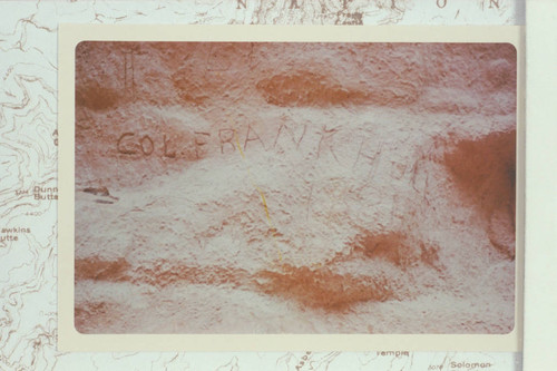 Inscription by trail in Hance Canyon on west wall at highest Tapeats outcrop: L. D. Boucher/Col. Frank Hull 1884