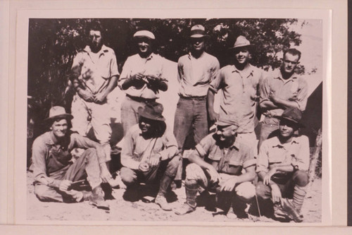 USGS crew at Bullfrog area before start of survey of Glen Canyon, Cataract Canyon.Back row:Woodward, Chenoweth, "Tex," Lint, Clogston. Front:Tom Wimmer, Phelps, Hite or Hyte; Longwell