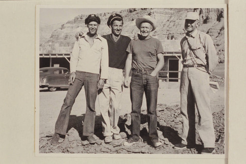 Outboard crew of the Motorcade of 1951, June. Left to right: Jordan; Daniels; Sanderson; Macdonald. At Art Greene's Cliff Dwellers Lodge