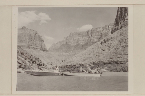 The two outboard boats in the lagoon at the Little Colorado. Macdonald and Jordan in the lefthand boat, the "June Bug." Sanderson, Juan, Daniels in the "Twin."