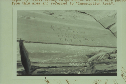 Names of S. Hargen, H. T. Yokey and E. Bitzer who surveyed Green River from Green River, Utah, to its mouth in 1909