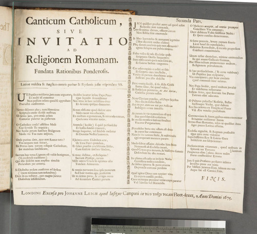 Canticum Catholicum, sive invitatio ad religionem Romanam. Fundata rationibus ponderosis. Latine reddita & Anglico-metris pariter & rythmis juste repondens 88