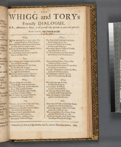 The Whigg and Tory's friendly dialogue, or, Admonition to unity, as the greatest help and inlet to peace and quietness. To the tune of, Hey boys up go we