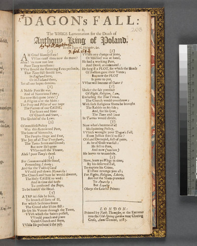 Dagon's fall: or, The Whigs lamentation for the death of Anthony King of Poland, to the tune of, Philander, &e [sic]