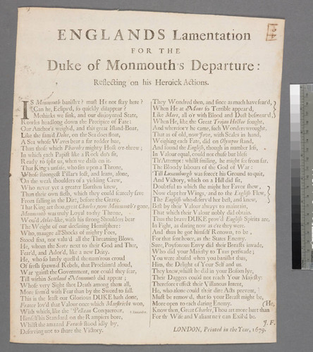 Englands lamentation for the Duke of Monmouth's departure: reflecting on his heroick actions