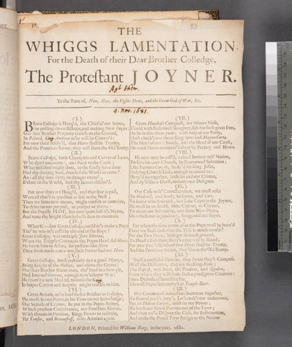 The Whiggs lamentation, for the death of their dear brother Colledge, the Protestant joyner. To the tune of, Now, now, the fights done, and the great god of war, &c