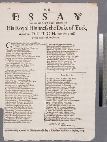 An essay upon the late victory obtained by His Royal Highness the Duke of York, against the Dutch, upon June 3. 1665. By the author of Iter boreale