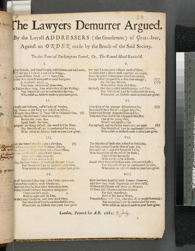 The lawyers demurrer argued. By the loyall addressers (the gentlemen) of Grays-Inne, against an order made by the bench of the said society. To the tune of Packingtons pound, or, The Round-head reviv'd