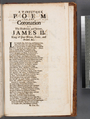 In illustrissimum, ac serenissimum, Jacobum II. Regem Magnae Britaniae, Franciae, & Hiberniae, &c. cum publice coronam regalem indueret, carmen epiphōnētikon = A panegyrick poem on the coronation of the illustrious and serene, James II. King of Great Britain, France, and Ireland, &c