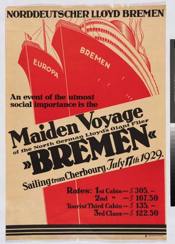 An event of utmost social importance is the maiden voyage of the North German Lloyd's giant flier "Bremen" : sailing from Cherbourg July 17 1929