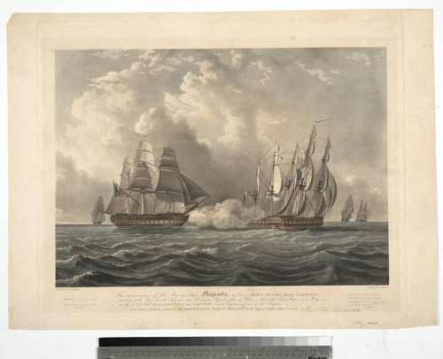 This representation of His Majesty's Ship Majestic, 57 guns, John Hayes, Esq. Captain, meeting with two French frigates, - an American private ship of war, a Spanish Lima ship, - & a brig on the 3rd of Feby. 1814, in Latde. 37 N. and Longde. 20 W. - and capturing one of the frigates : is by gracious permission dedicated to his most excellent majesty William IVth, by his majesty's faithful subject and servant, John Haynes, Capt., R.N., C.B