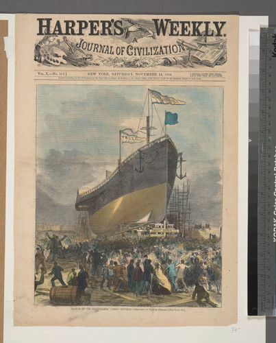 Launch of the sea steamer "Great Republic" : sketched by Charles Parsons